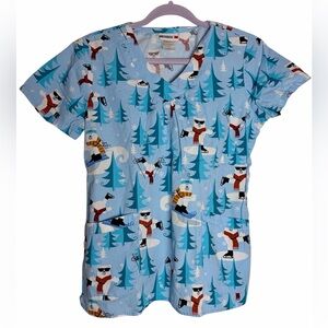 Blue Winter-Themed Scrub Top